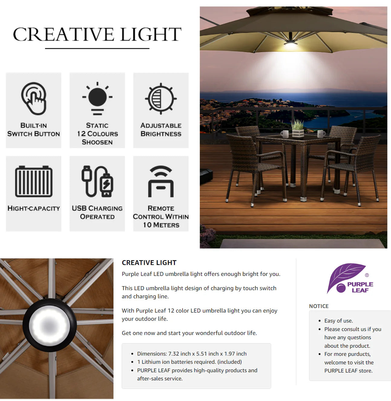 Purple Leaf Patio Umbrella LED