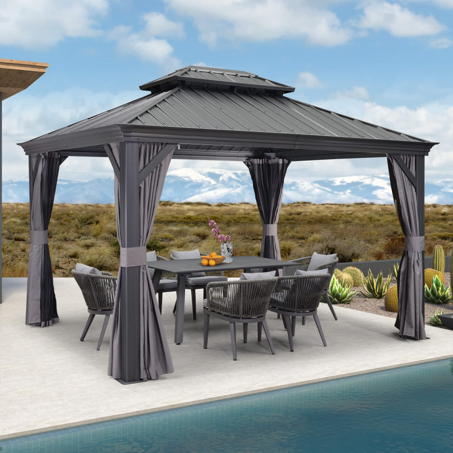 PURPLE LEAF Patio Gazebo for Backyard Grey Hardtop Galvanized Steel Roof Awning with Upgrade Curtain - Purpleleaf Canada product image