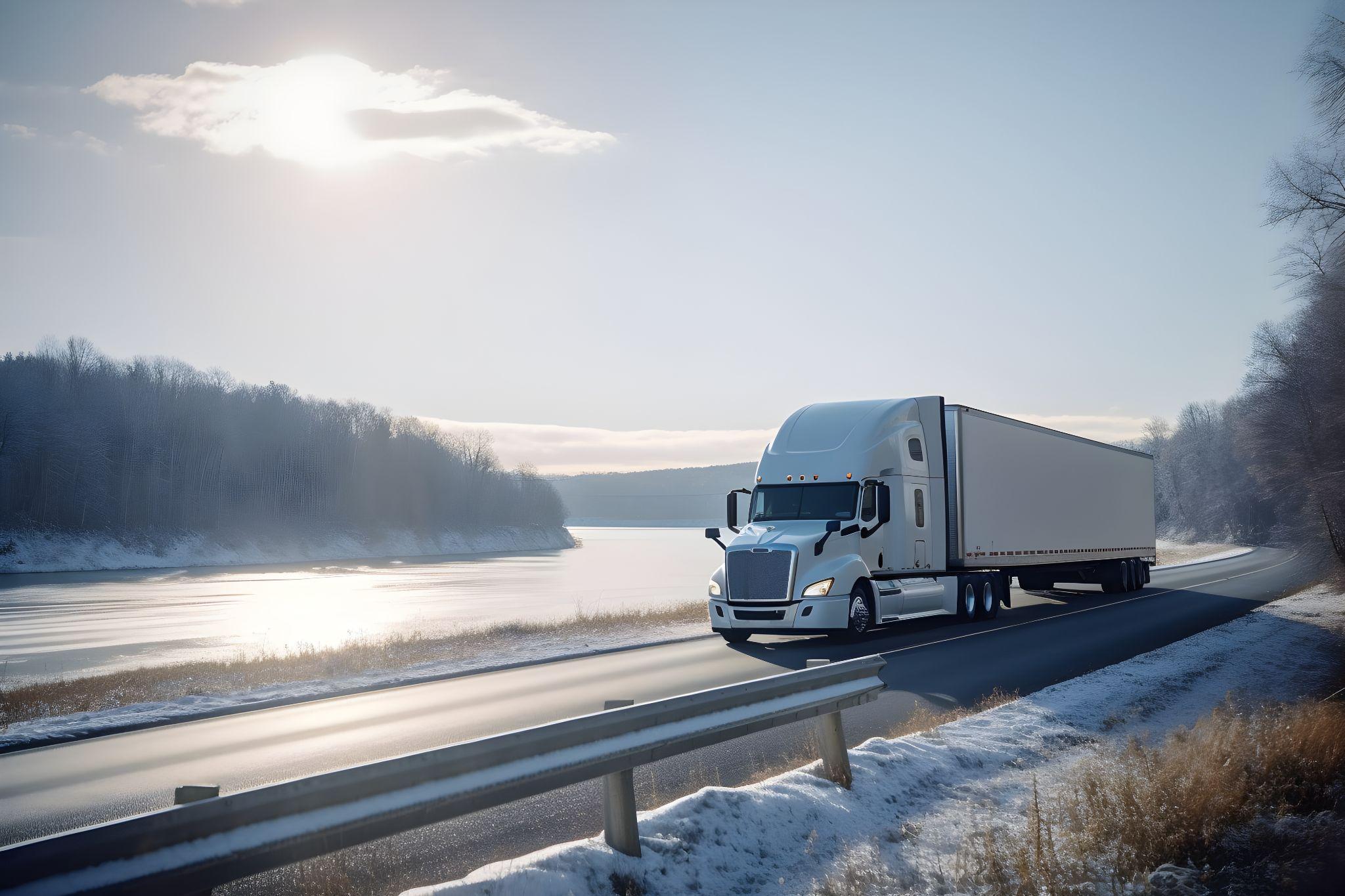 A large truck transports cargo during a winter storm.