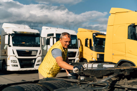 A worker smearing trailer fifth wheel coupling with lubricant oil.