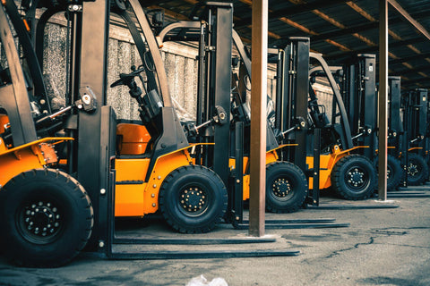 Background of a lot of forklifts, reliable heavy loader, truck