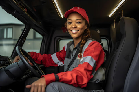 confident african american female delivery truck driver seated at the helm