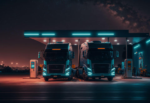 electric trucks standing by the charging station