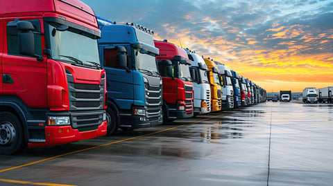 Fleet of trucks parked at parking lot yard of delivery company.