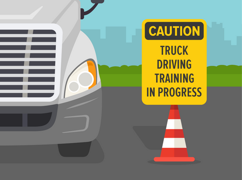 Heavy vehicle driving practice with red cones. Truck driving training in progress warning sign close-up view.