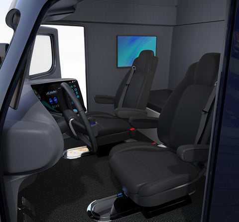 truck interior with black seats and wall mounted monitor