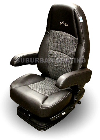 Truck seat in black ultra leather with gray cloth inserts coooling dual armrests