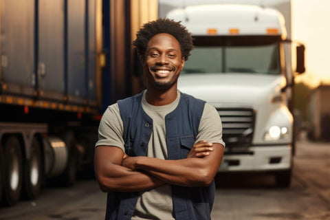 Trucker, standing and smiling in front of white semi truck