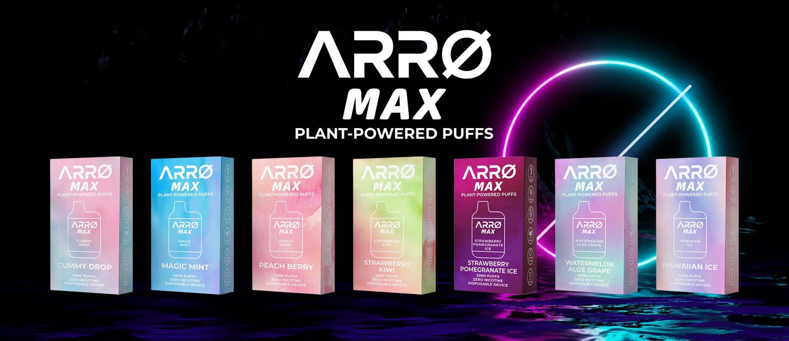 Seven ARRO MAX vape devices in a row.