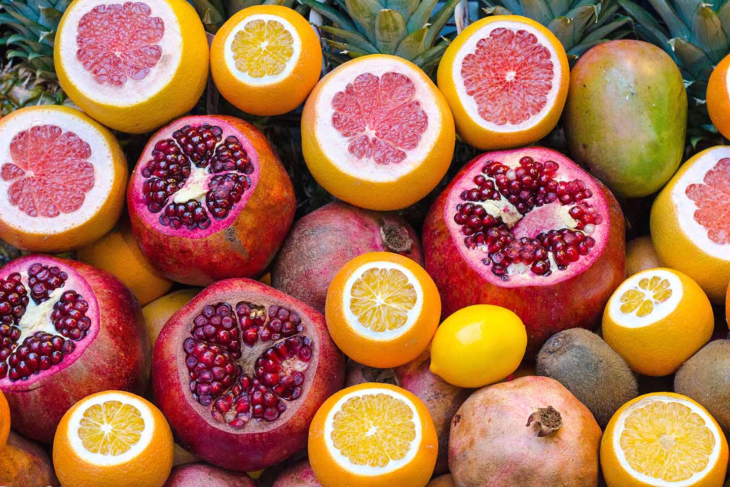 Mix of citrus fruits and pomegranates