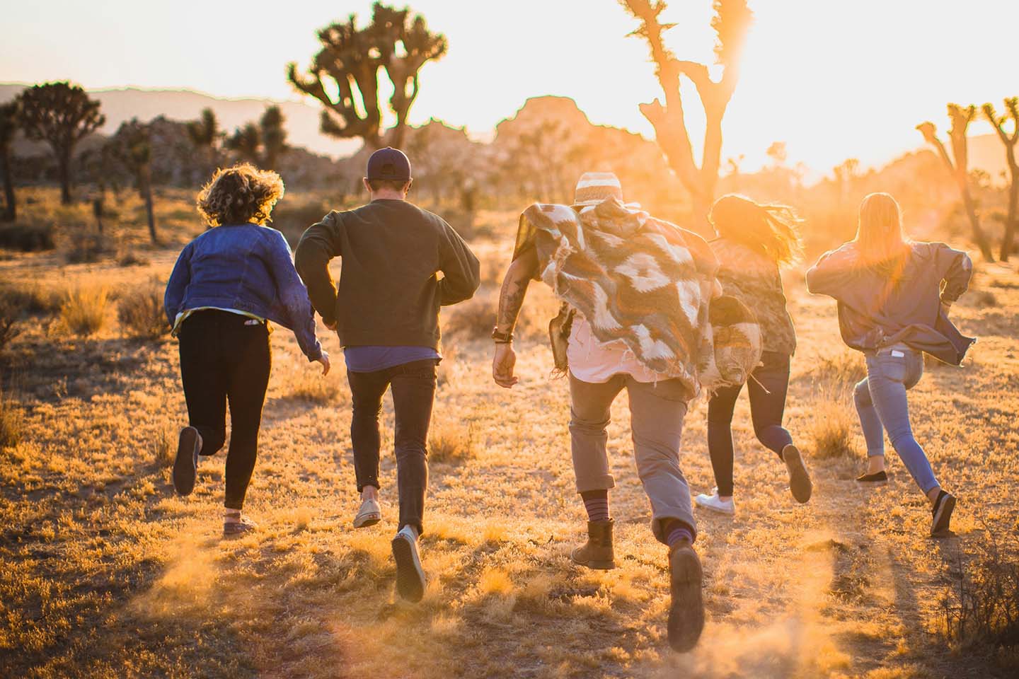 five person running on the field near trees