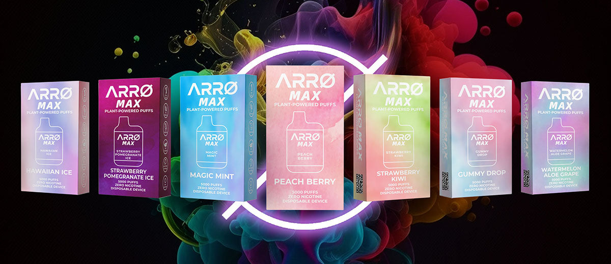 Seven Arro Max nicotine free vapes in their boxes.