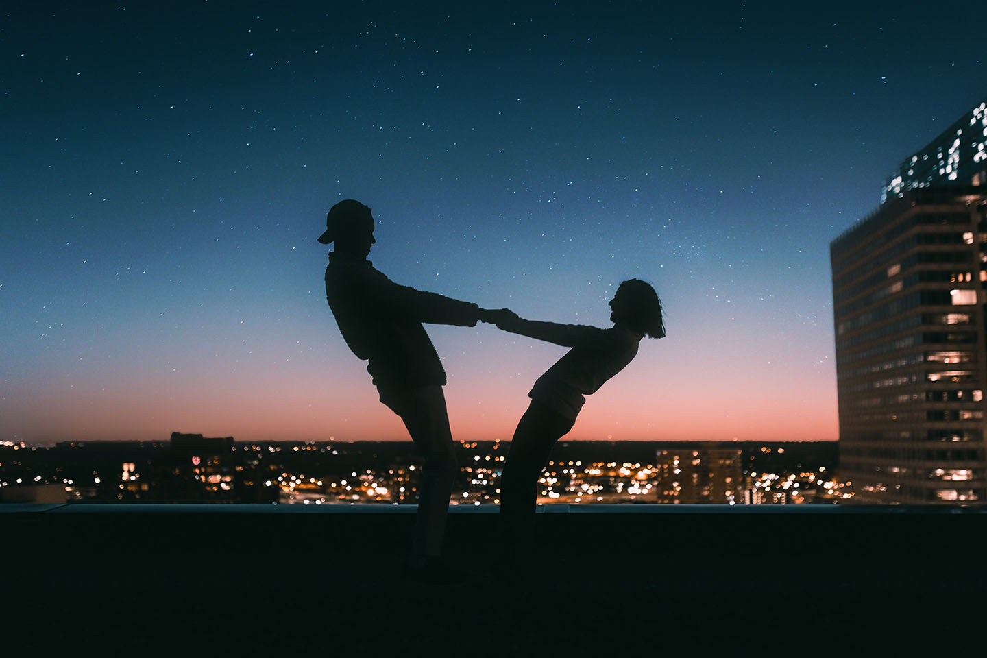 Silhouette of couple holding hands under a starry night sky.