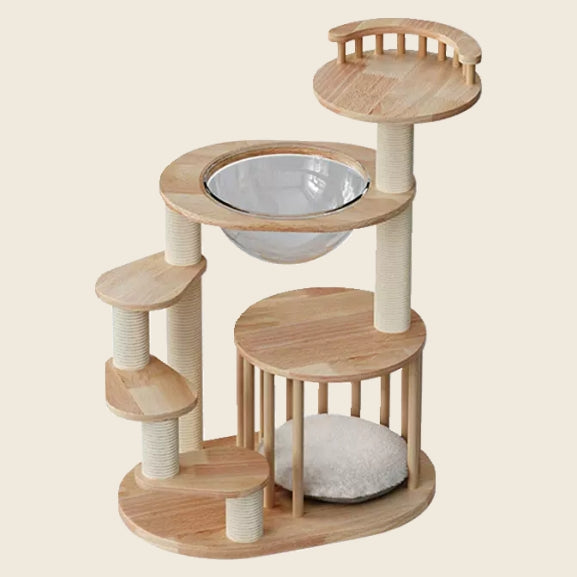 Wooden cat tree tower for kittens and Munchkin cats / Short-legged cats