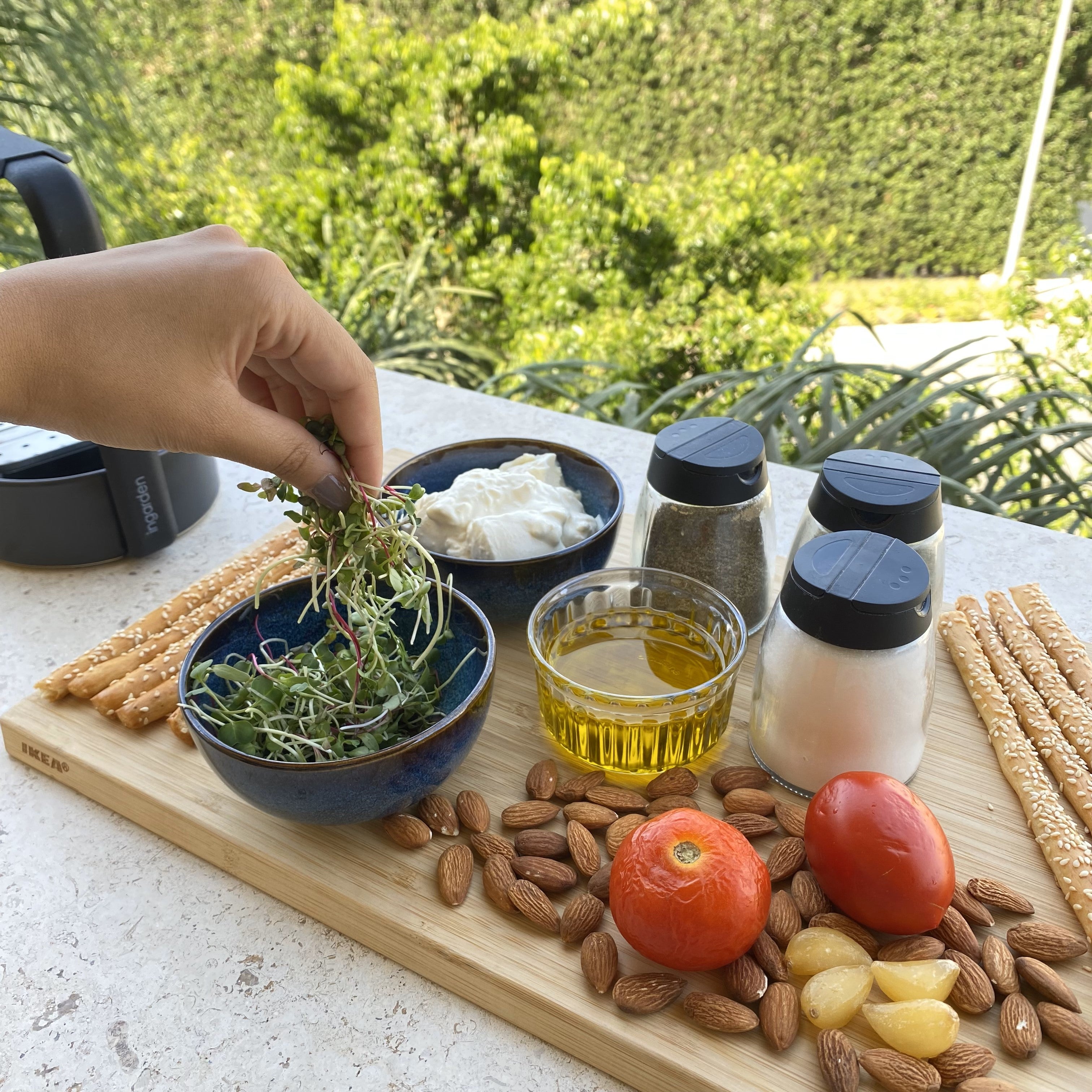 Preparing a healthy meal with ingarden microgreens.