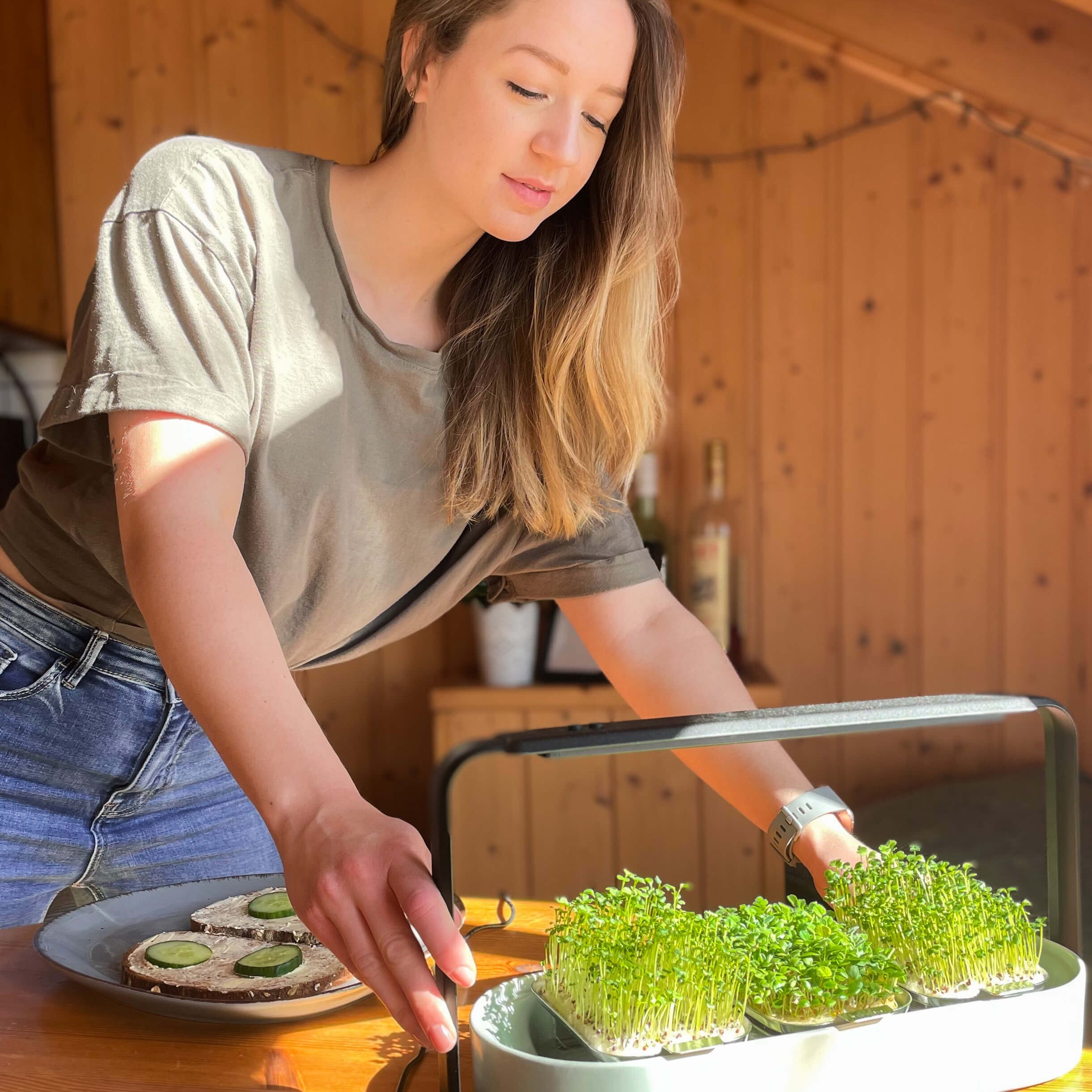 Young woman placing her ingarden on a table and preparing a healthy breakfast toast with microgreens.
