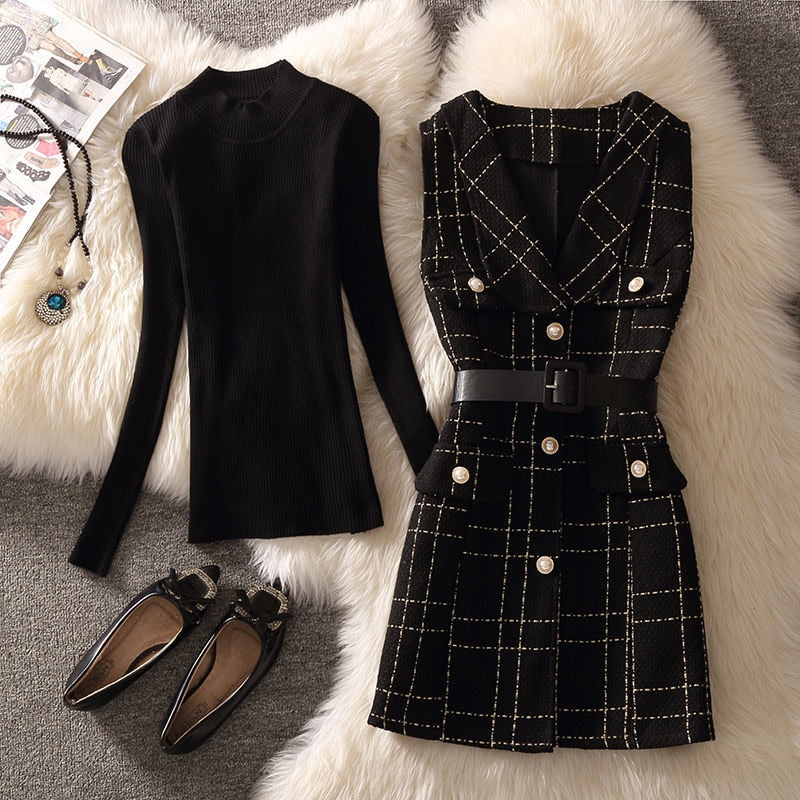 Vintage Mid-Length Plaid Tweed Vest Jacket Women 2 Piece Set Elegant Pearl Button Belted Unlined Waistcoat And Knitted Sweater