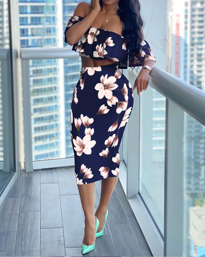 2 Piece Sets Floral Print Ruffles Off Shoulder Top & Skirt Set