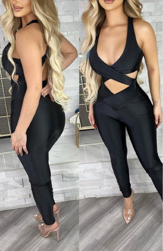 Criss Cross Elegant Halter V Neck Bodycon Jumpsuit