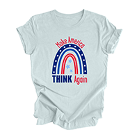 Heather Ice Blue unisex t-shirt that reads “Make America THINK Again”. There’s an illustration of a red and blue rainbow. Arched over the top of the rainbow is “Make America” in red text, and then on one line under the rainbow is “THINK Again.” “THINK” is dark blue, and “Again” is red.
