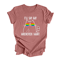 Heather Mauve t-shirt with an illustration of a cat wearing rainbow sunglasses and flipping the bird. The text reads “I’ll say gay whenever I want.”