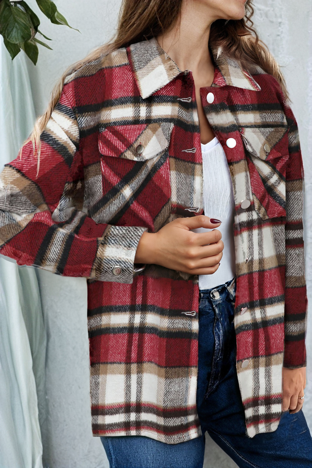 Geometric Plaid Print Pocketed Shacket