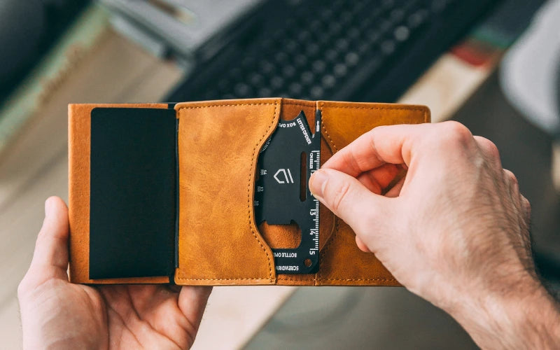 FOSH rfid bifold brown wallet and card tool