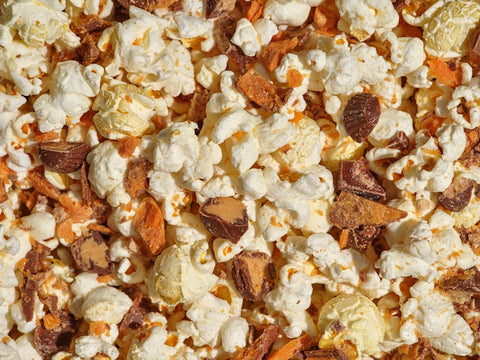 popcorn mixed with crushed peanut butter cups