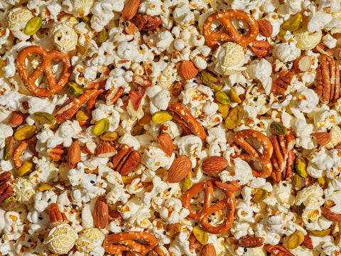 popcorn mixed with pretzels and nuts