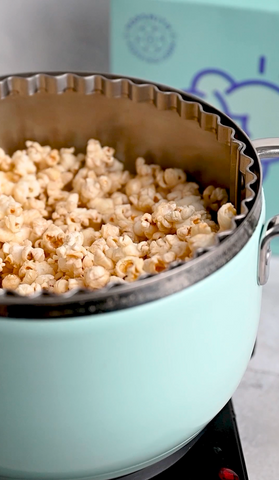 Popped kettle corn in a mint Popsmith stovetop popcorn popper