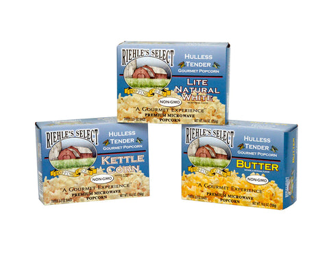 Three boxes of Riehle’s Select Popping Corn hulless microwave popcorn