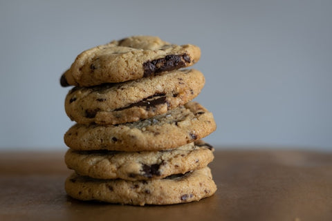 chocolate chip cookies stacked together