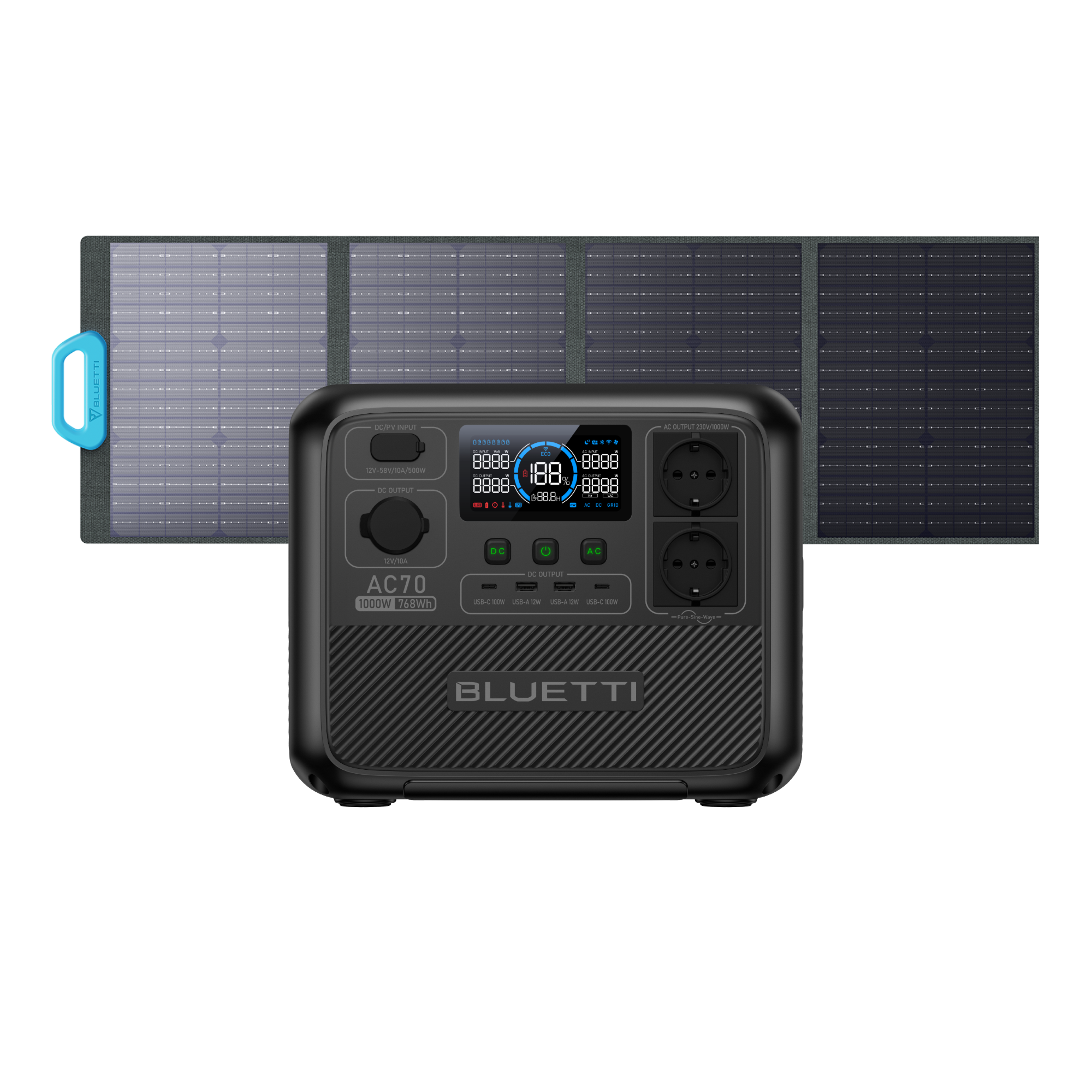 BLUETTI AC70 Powerstation , 1.000 W 768 Wh - BLUETTI DE, AC70+PV120  , 120 W Solar-Kit