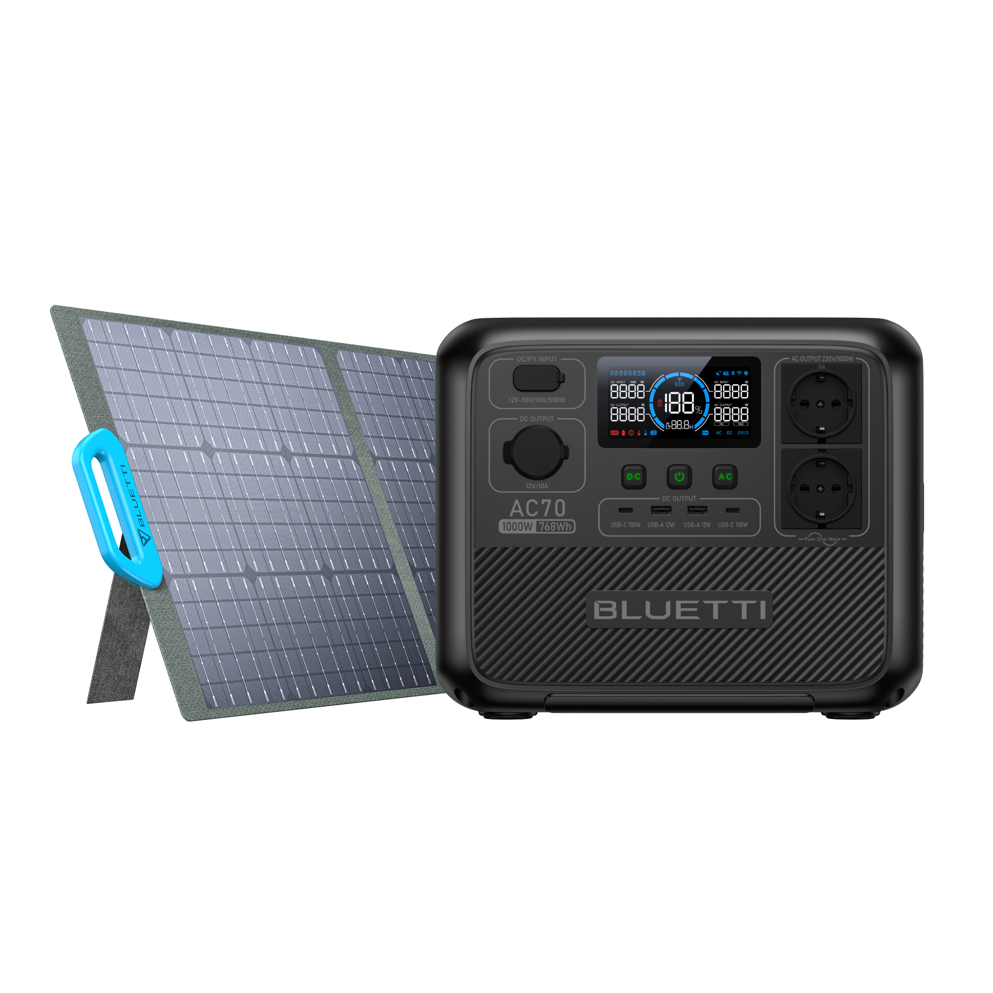 BLUETTI AC70 Powerstation , 1.000 W 768 Wh - BLUETTI DE, AC70+PV200  , 200 W Solar-Kit