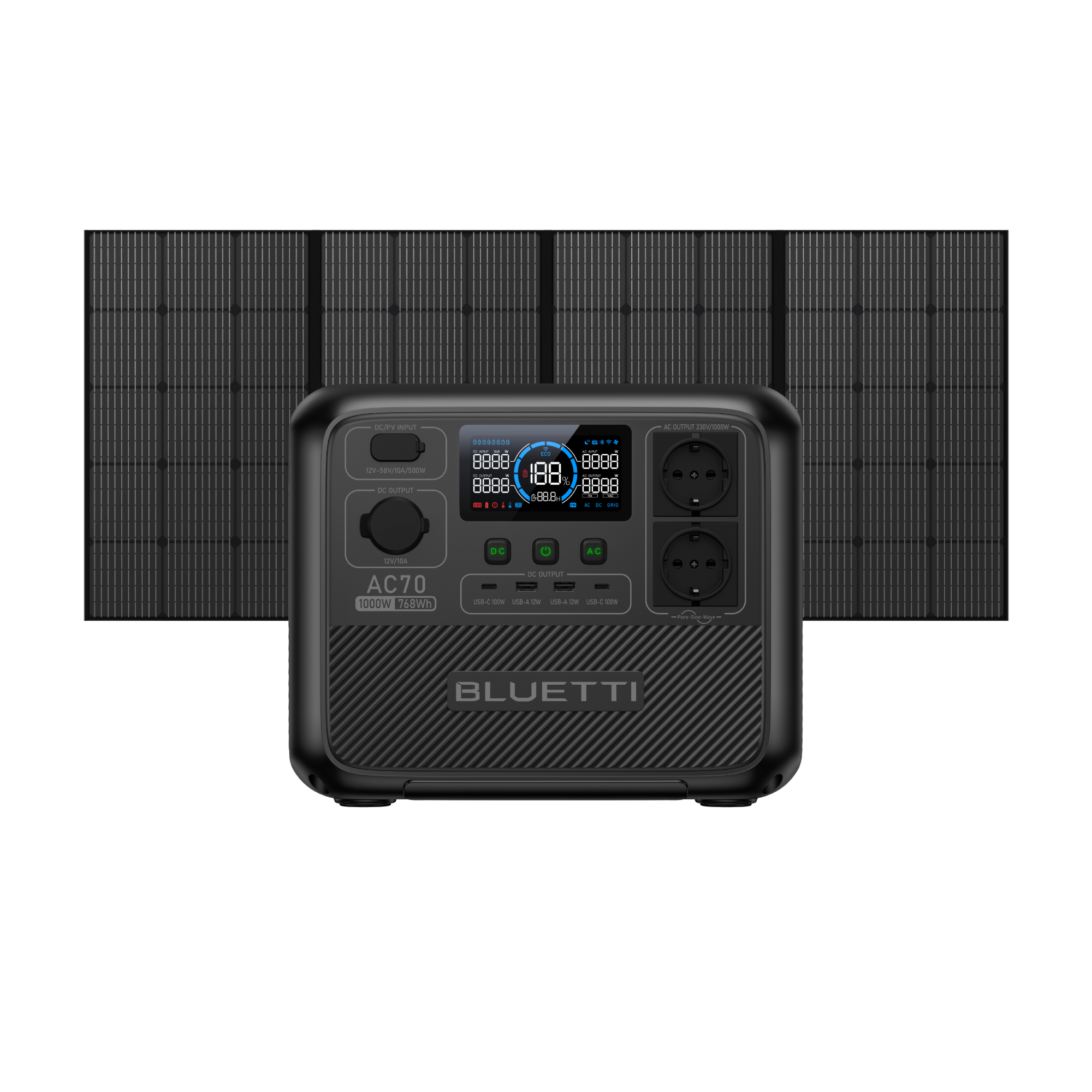 BLUETTI AC70 Powerstation , 1.000 W 768 Wh - BLUETTI DE, AC70+PV350  , 350 W Solar-Kit