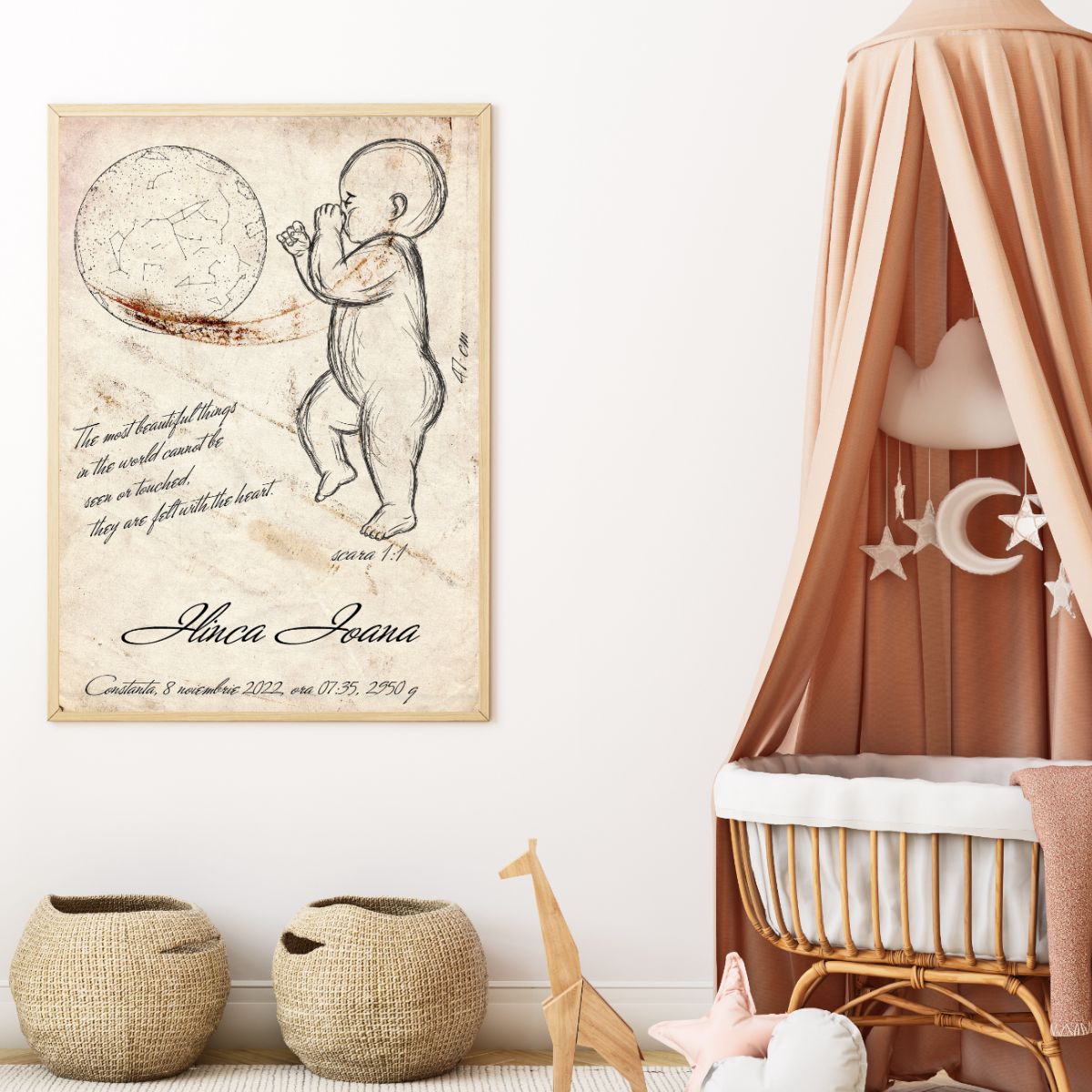 Tablou Personalizat cu Desen Bebelus si Harta Stelelor Vintage pe Panza de Canvas