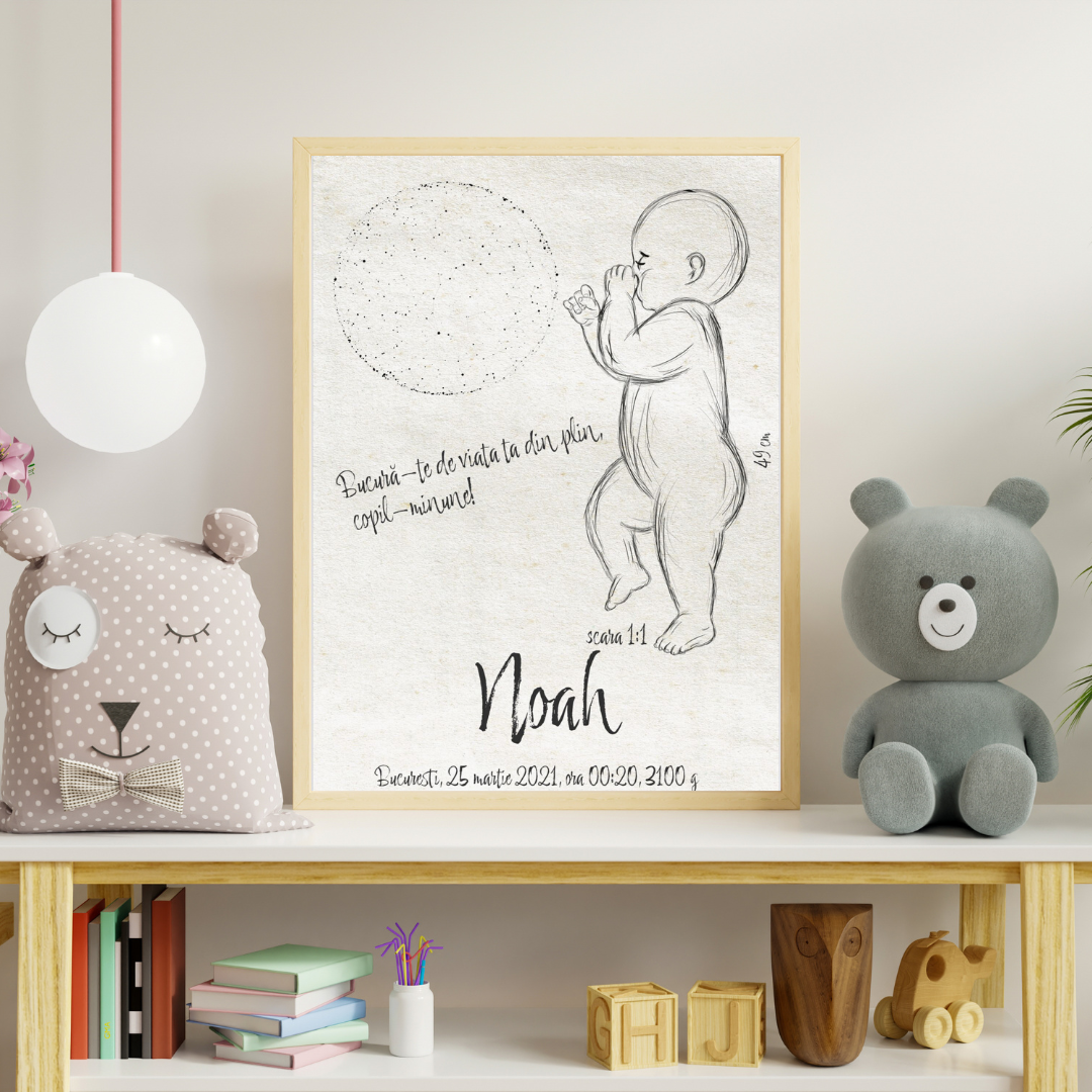 Tablou Personalizat pentru Copii - Stars Birth Poster cu Desen Bebelus si Harta Stelelor pe Panza de Canvas