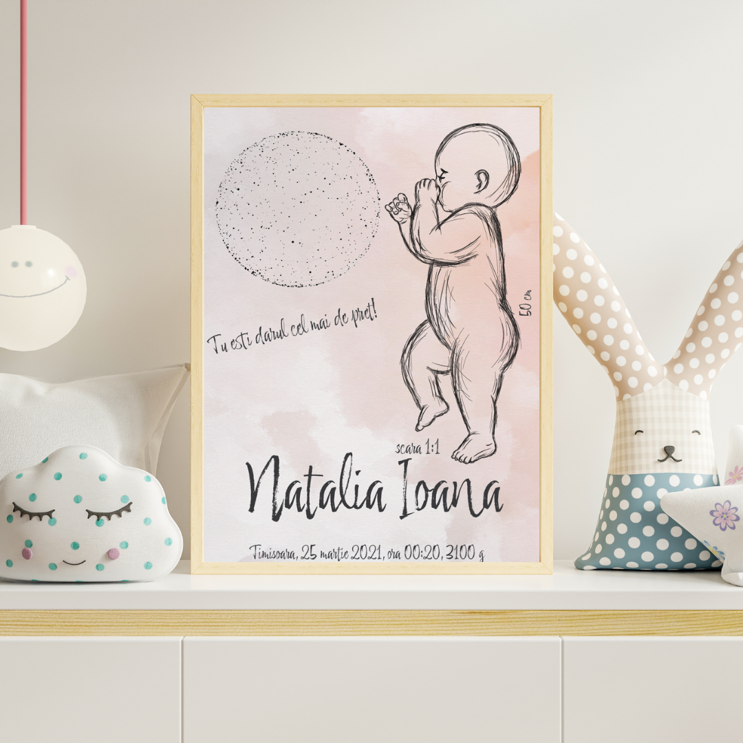 Tablou Personalizat pentru Copii - Peach Birth Poster cu Desen Bebelus si Harta Stelelor pe Panza de Canvas