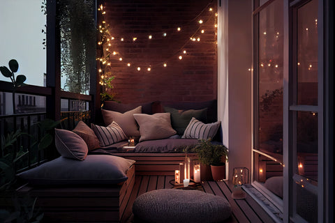 guirlandes lumineuses sur balcon cosy