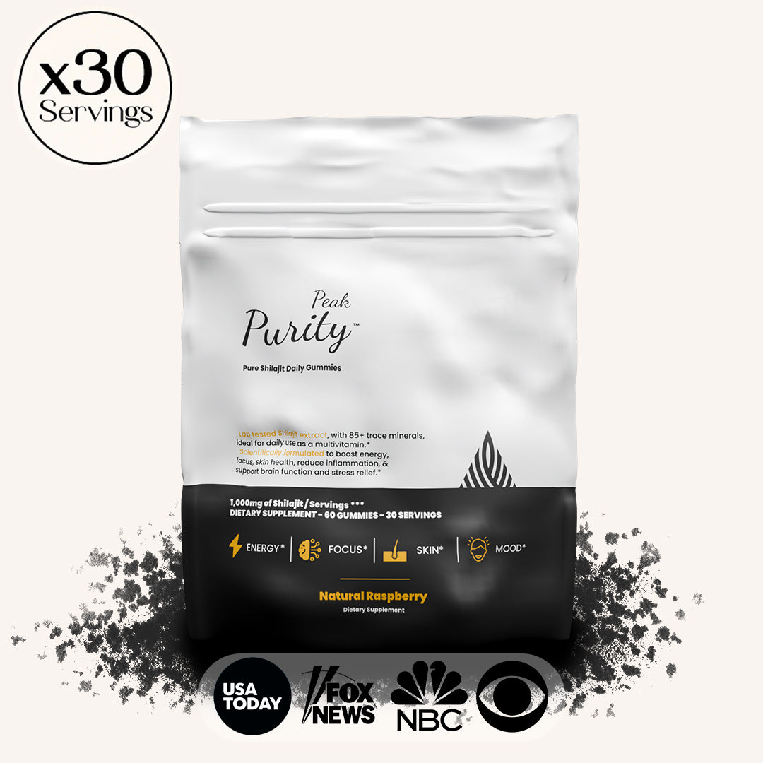 A package of Peak Purity shilajit gummies with natural raspberry flavor, logos of media endorsements below.