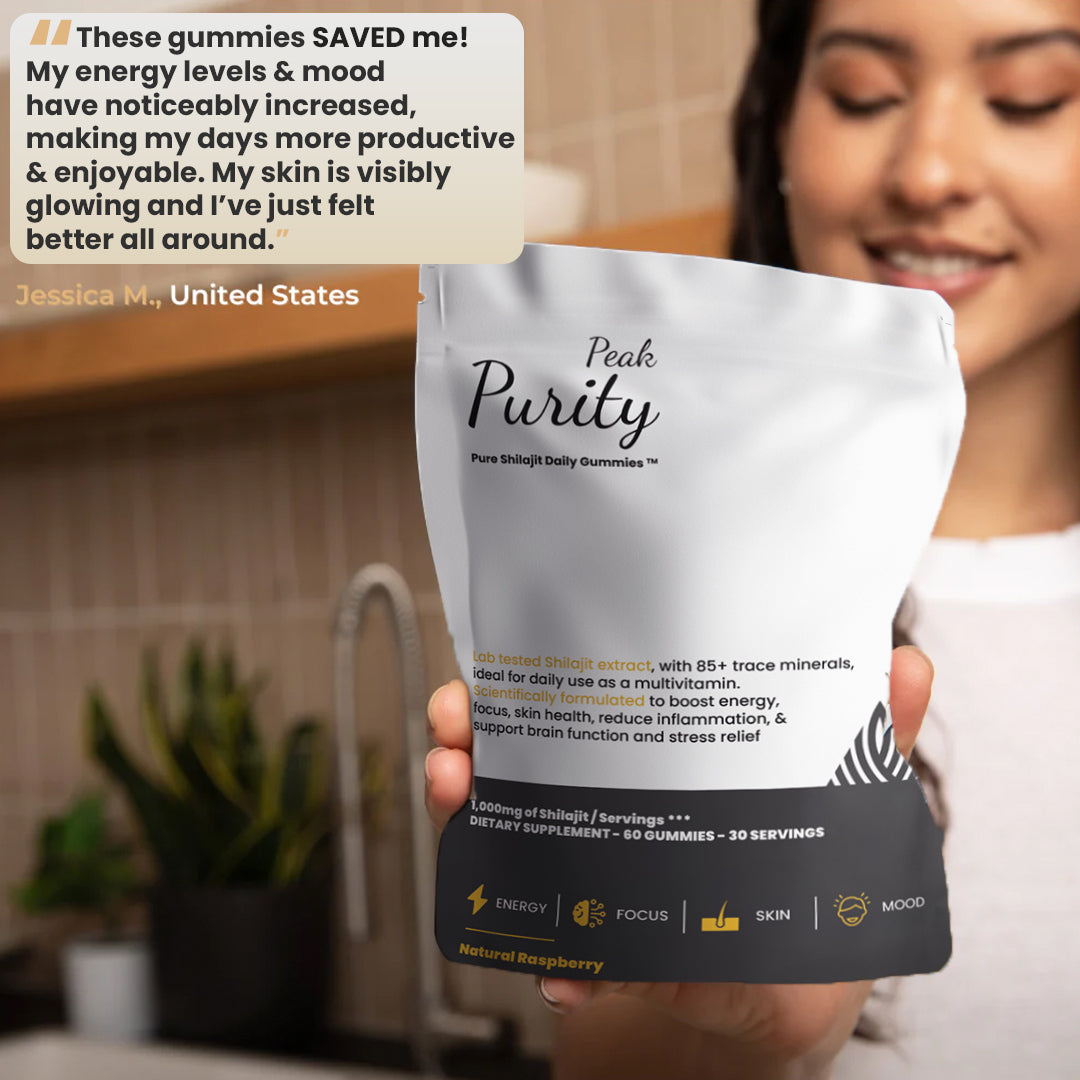 Woman holding a package of Peak Purity supplement gummies with promotional text overlay.