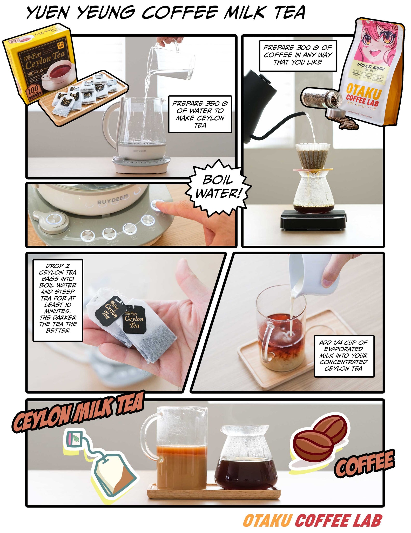 Otaku Coffee Lab coffee recipe manga illustrating how to make Yuen Yeung Coffee Milk Tea