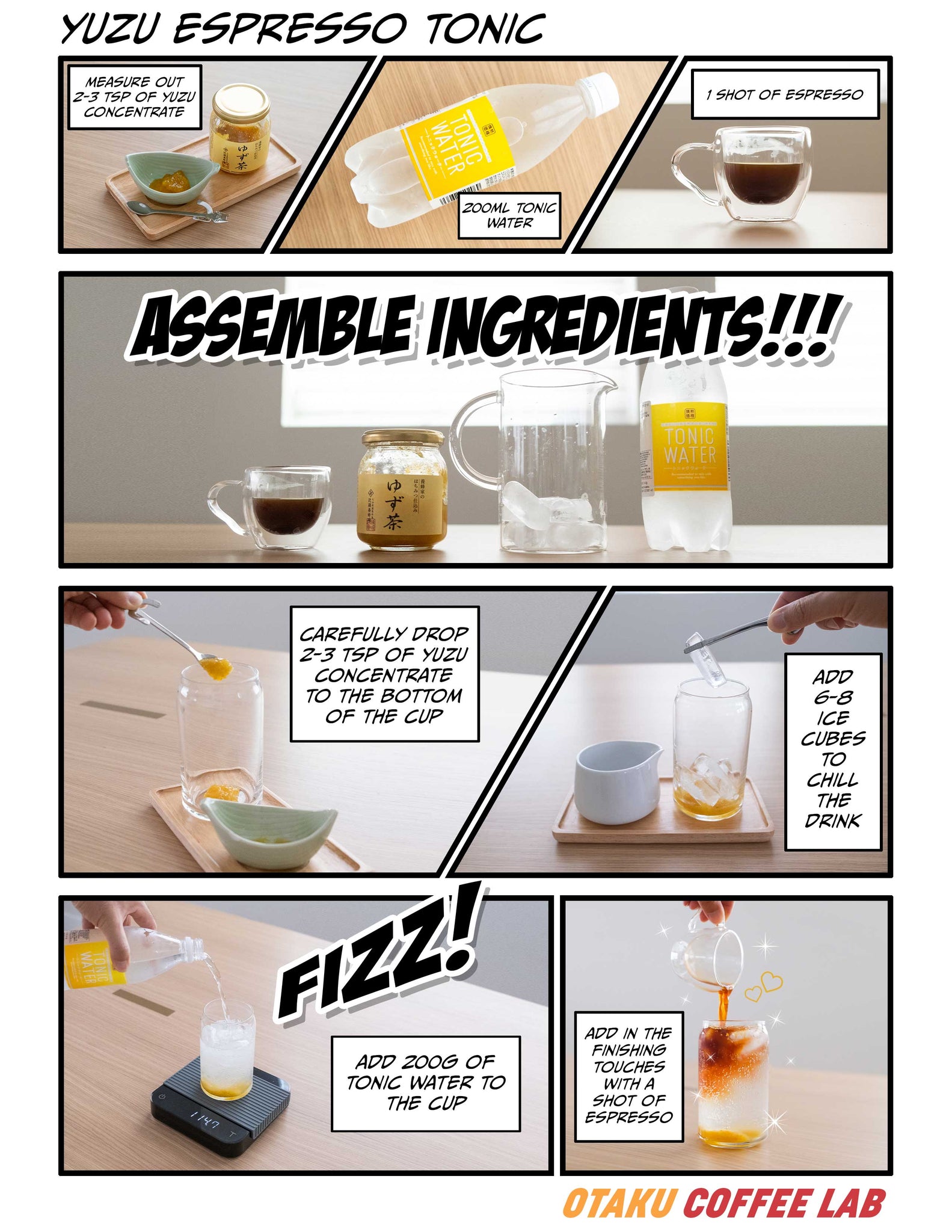 Page one of a manga comic illustrating a coffee recipe on how to make a Yuzu Espresso Tonic