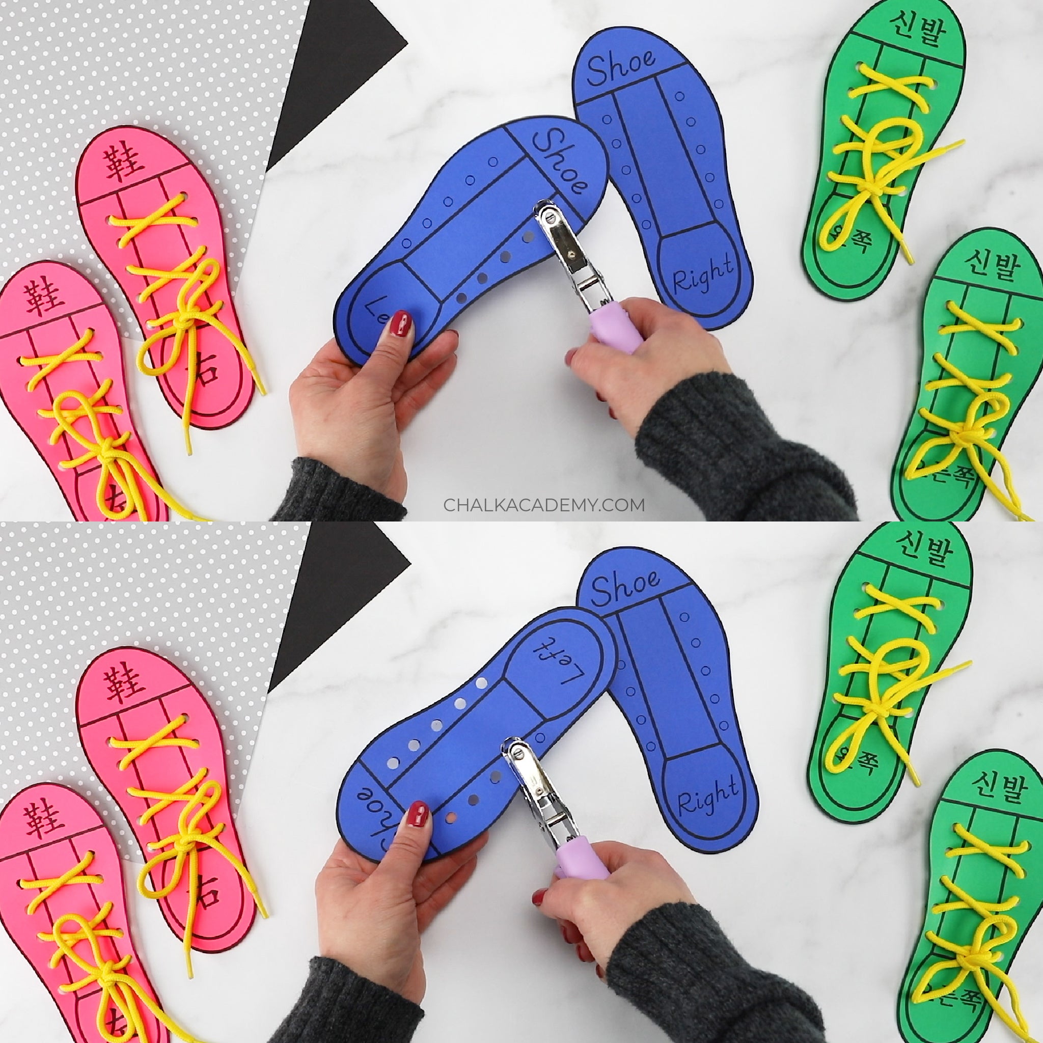 Printable Shoe Tying Practice For Kids (English, Chinese, Korean ...