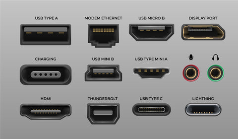 Connectors and ports. USB type A and type C, video port hand drawn NMI DVI and Displayport, audio coaxial, lightning vector port, universal element pc connector