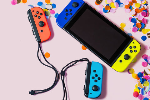 Nintendo Switch video game console party flat lay