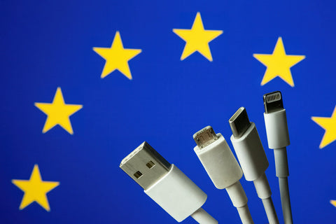 EUROPEAN UNION flag and different charging cables such as USB, USB-C, Micro USB, lightning cable