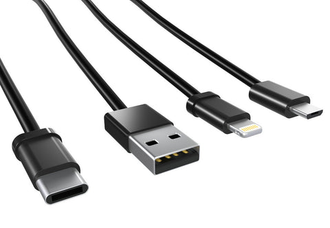 USB data cables type A, and type C plugs, micro USB and lightning, universal computer and phone connection on white background