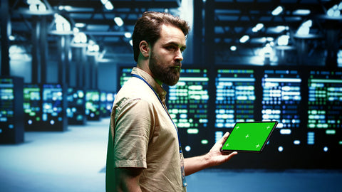 Computer scientist using green screen tablet to verify data center configuration settings