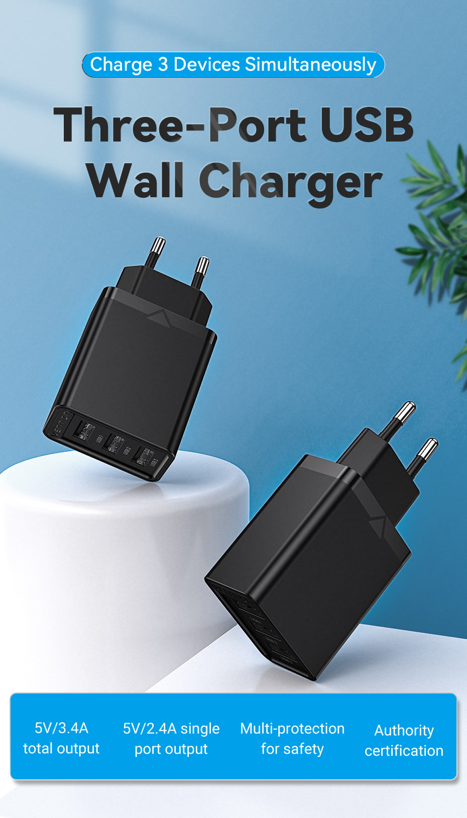 3-port USB(A+A+A) Wall Charger(12W/12W/12W) EU